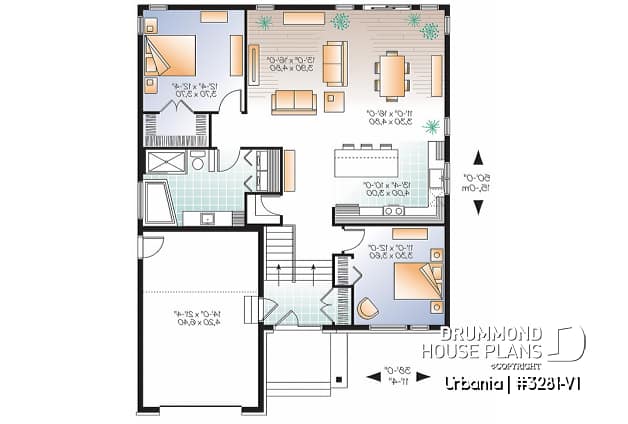 1st level - Small modern house plan with garage, 2 bedrooms, 9' ceiling, pantry, laundry on main floor - Urbania