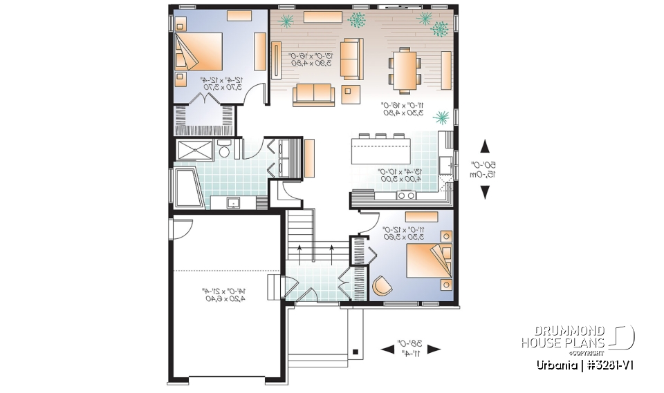 1st level - Small modern house plan with garage, 2 bedrooms, 9' ceiling, pantry, laundry on main floor - Urbania