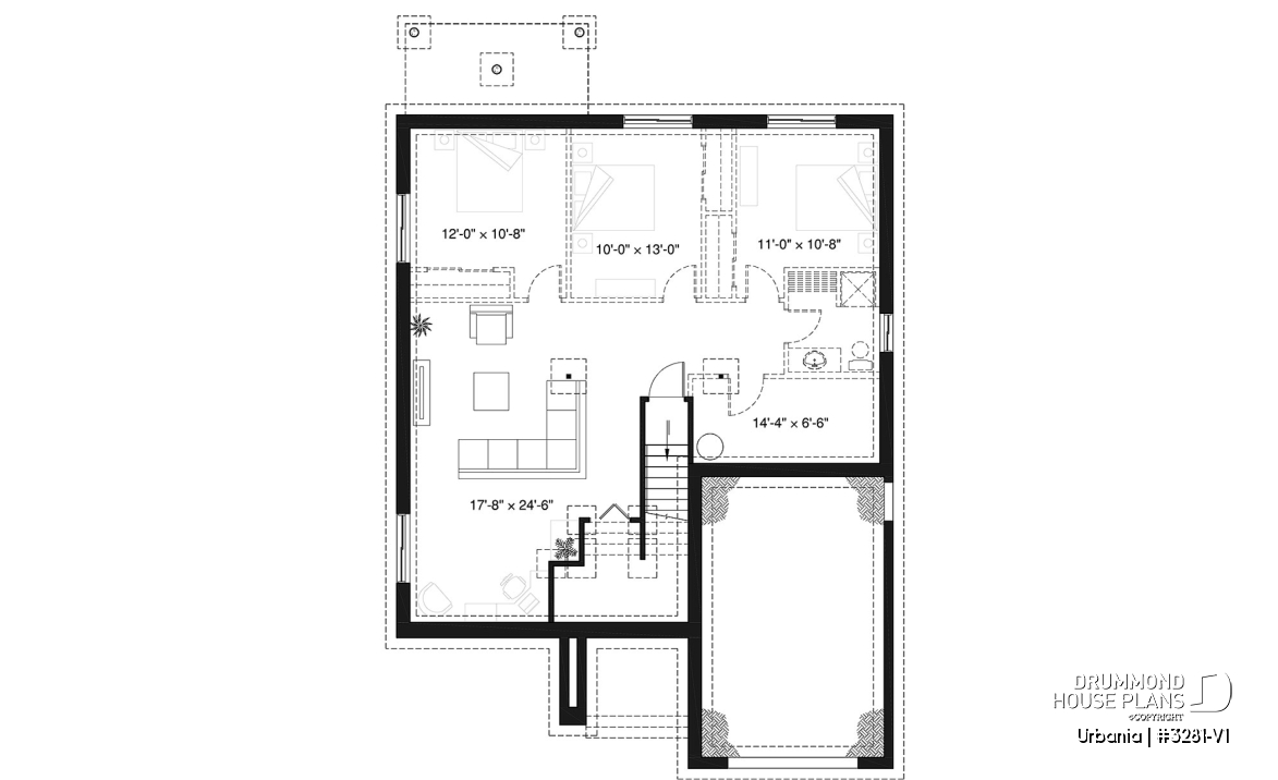 Basement - Small modern house plan with garage, 2 bedrooms, 9' ceiling, pantry, laundry on main floor - Urbania