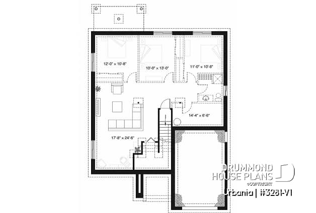 Basement - Small modern house plan with garage, 2 bedrooms, 9' ceiling, pantry, laundry on main floor - Urbania
