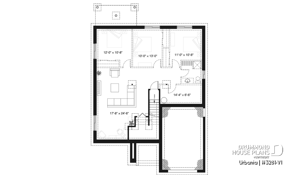 Basement - Small modern house plan with garage, 2 bedrooms, 9' ceiling, pantry, laundry on main floor - Urbania