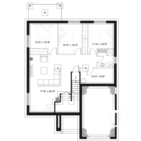 Basement - Small modern house plan with garage, 2 bedrooms, 9' ceiling, pantry, laundry on main floor - Urbania