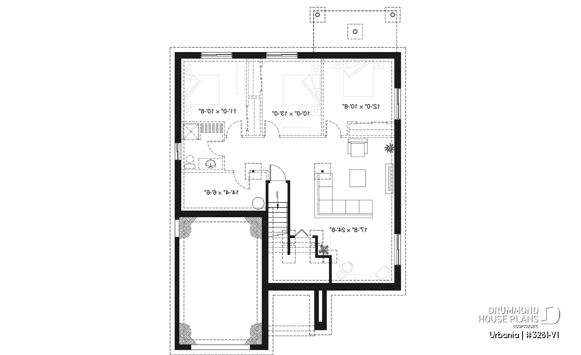 Basement - Small modern house plan with garage, 2 bedrooms, 9' ceiling, pantry, laundry on main floor - Urbania