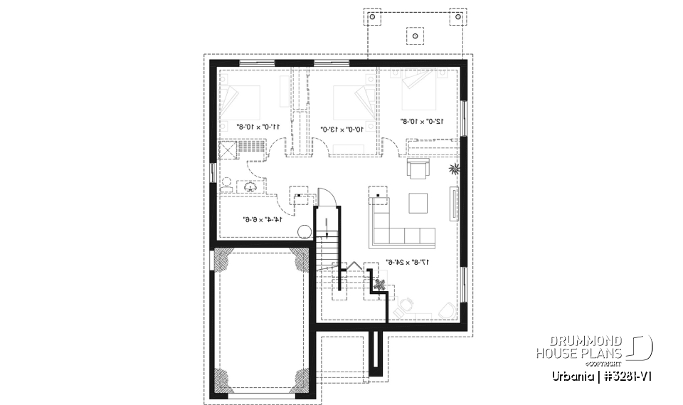 Basement - Small modern house plan with garage, 2 bedrooms, 9' ceiling, pantry, laundry on main floor - Urbania