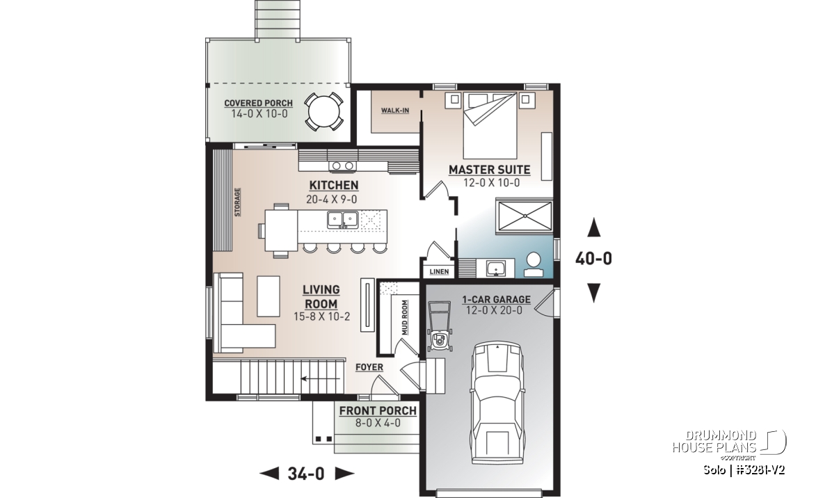 1st level - One-bedroom small one-story modern house plan with open floor plan, master suite, great kitchen, garage - Solo