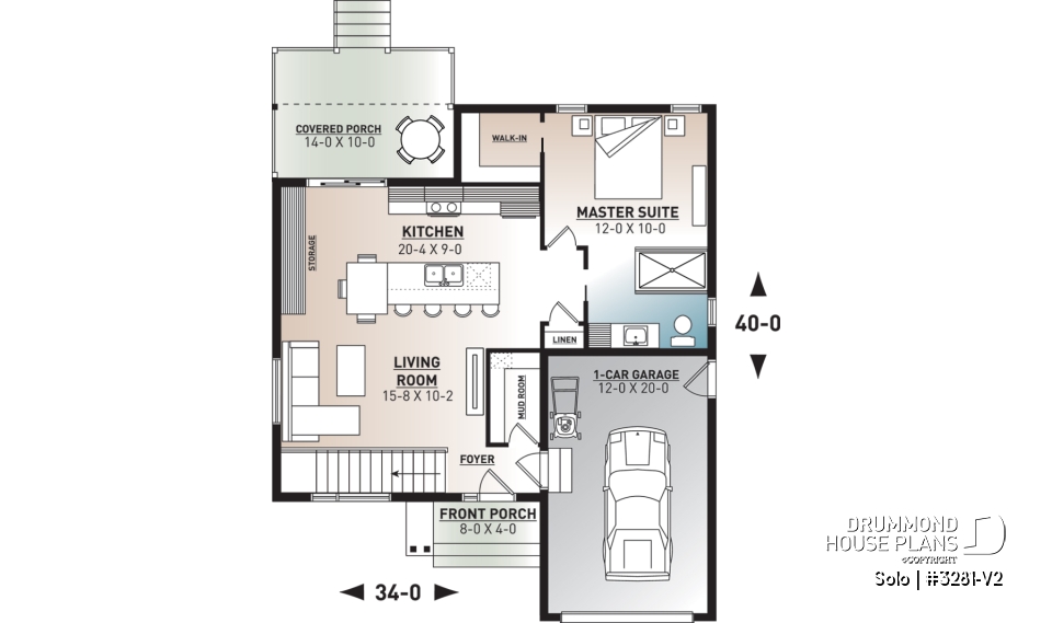 1st level - One-bedroom small one-story modern house plan with open floor plan, master suite, great kitchen, garage - Solo