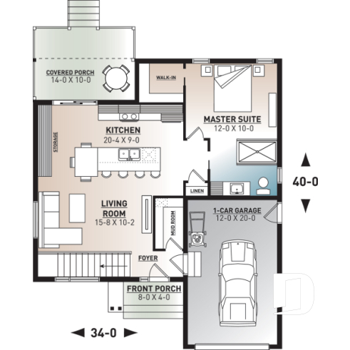 1st level - One-bedroom small one-story modern house plan with open floor plan, master suite, great kitchen, garage - Solo