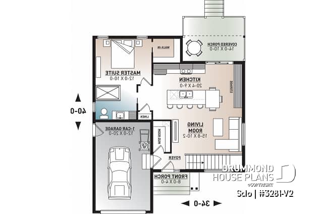 1st level - One-bedroom small one-story modern house plan with open floor plan, master suite, great kitchen, garage - Solo
