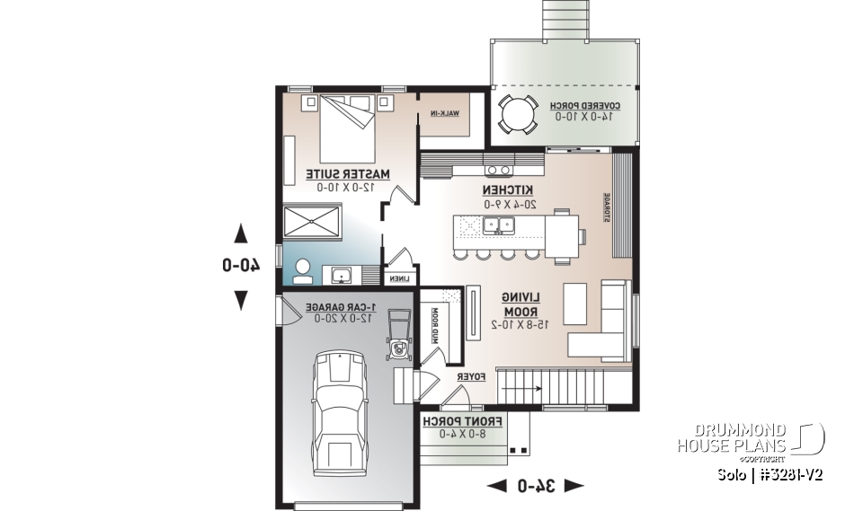 1st level - One-bedroom small one-story modern house plan with open floor plan, master suite, great kitchen, garage - Solo