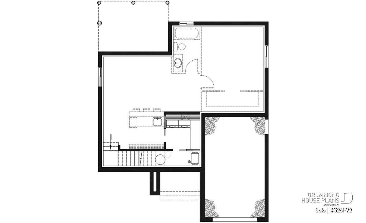 Basement - One-bedroom small one-story modern house plan with open floor plan, master suite, great kitchen, garage - Solo