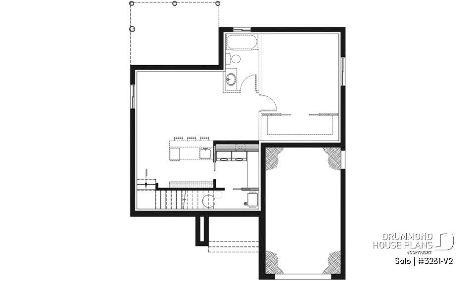 Basement - One-bedroom small one-story modern house plan with open floor plan, master suite, great kitchen, garage - Solo