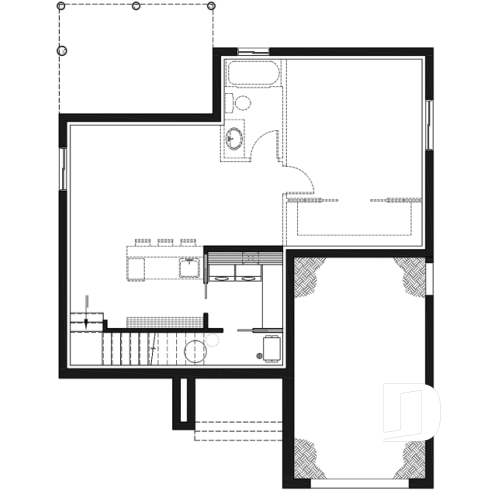 Basement - One-bedroom small one-story modern house plan with open floor plan, master suite, great kitchen, garage - Solo