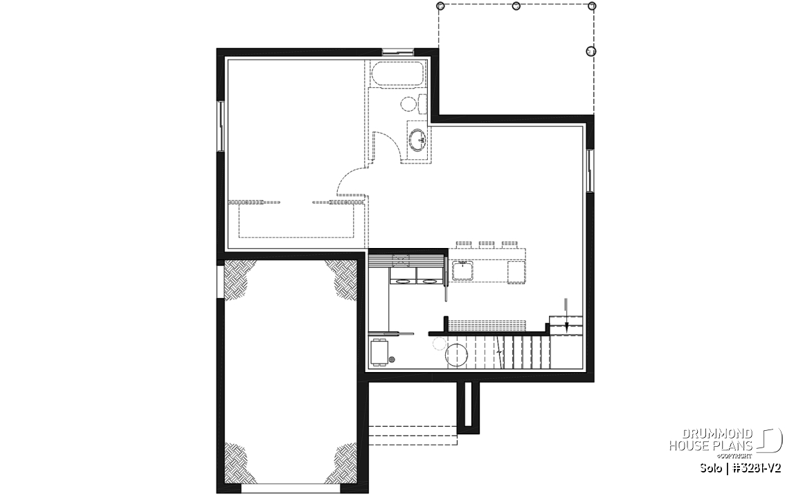 Basement - One-bedroom small one-story modern house plan with open floor plan, master suite, great kitchen, garage - Solo