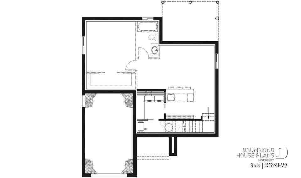 Basement - One-bedroom small one-story modern house plan with open floor plan, master suite, great kitchen, garage - Solo