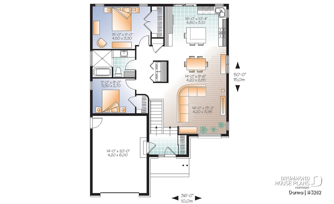 1st level - Contemporary house plan with garage, open floor plan, large kitchen island, laundry on main floor - Darma
