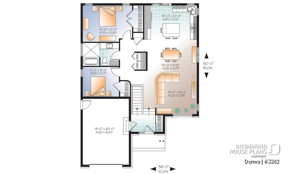1st level - Contemporary house plan with garage, open floor plan, large kitchen island, laundry on main floor - Darma
