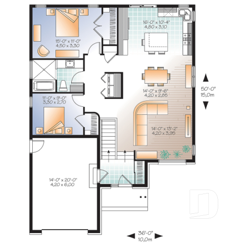 1st level - Contemporary house plan with garage, open floor plan, large kitchen island, laundry on main floor - Darma