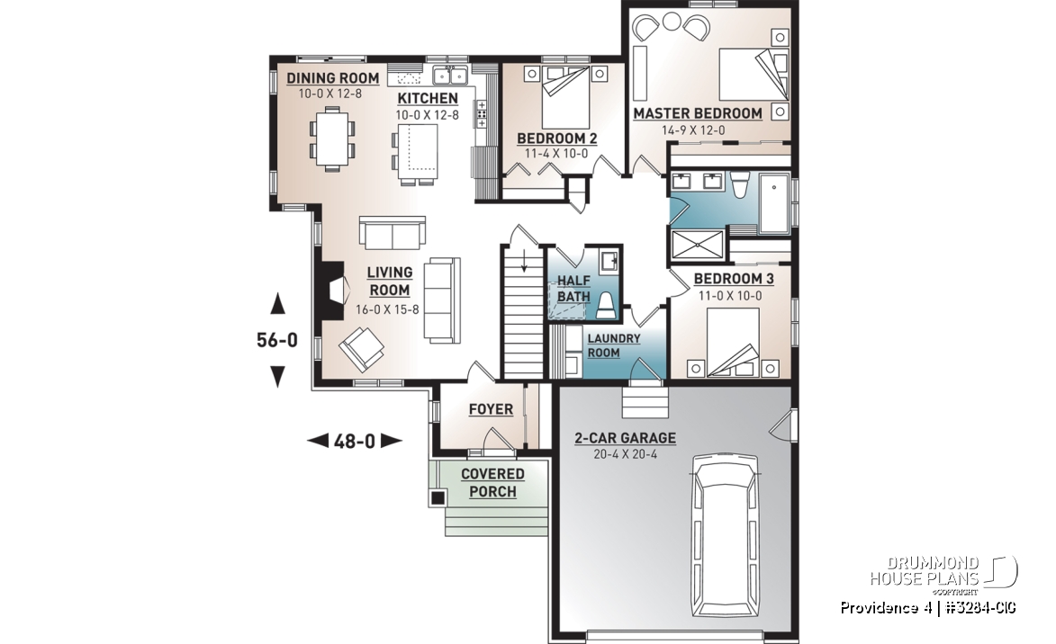 1st level - Narrow lot home house plan, 3 bedrooms on same level, 2 bathrooms, 2-car garage, fireplace, laundry room - Providence 4