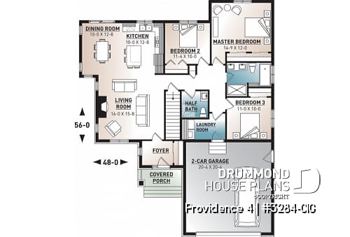1st level - Narrow lot home house plan, 3 bedrooms on same level, 2 bathrooms, 2-car garage, fireplace, laundry room - Providence 4