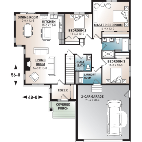 1st level - Narrow lot home house plan, 3 bedrooms on same level, 2 bathrooms, 2-car garage, fireplace, laundry room - Providence 4