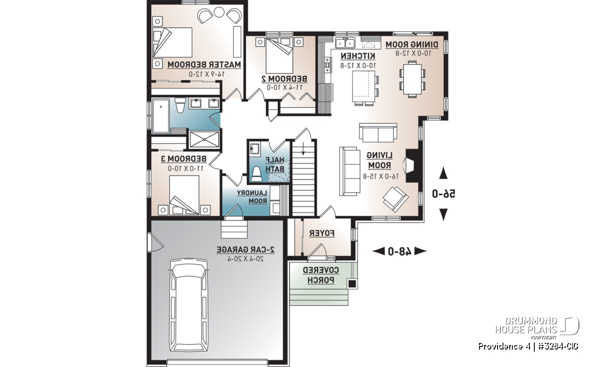 1st level - Narrow lot home house plan, 3 bedrooms on same level, 2 bathrooms, 2-car garage, fireplace, laundry room - Providence 4