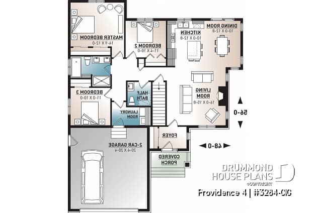 1st level - Narrow lot home house plan, 3 bedrooms on same level, 2 bathrooms, 2-car garage, fireplace, laundry room - Providence 4