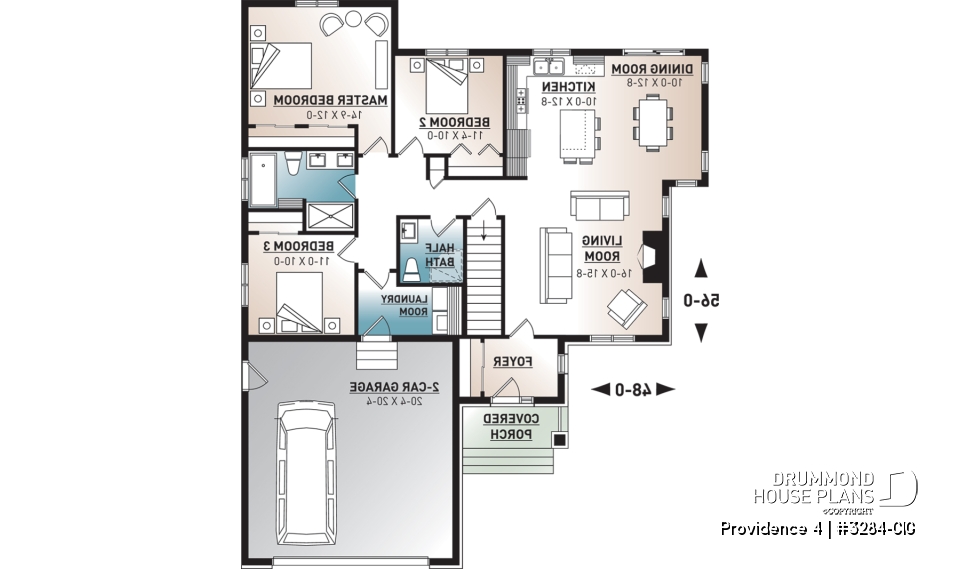 1st level - Narrow lot home house plan, 3 bedrooms on same level, 2 bathrooms, 2-car garage, fireplace, laundry room - Providence 4