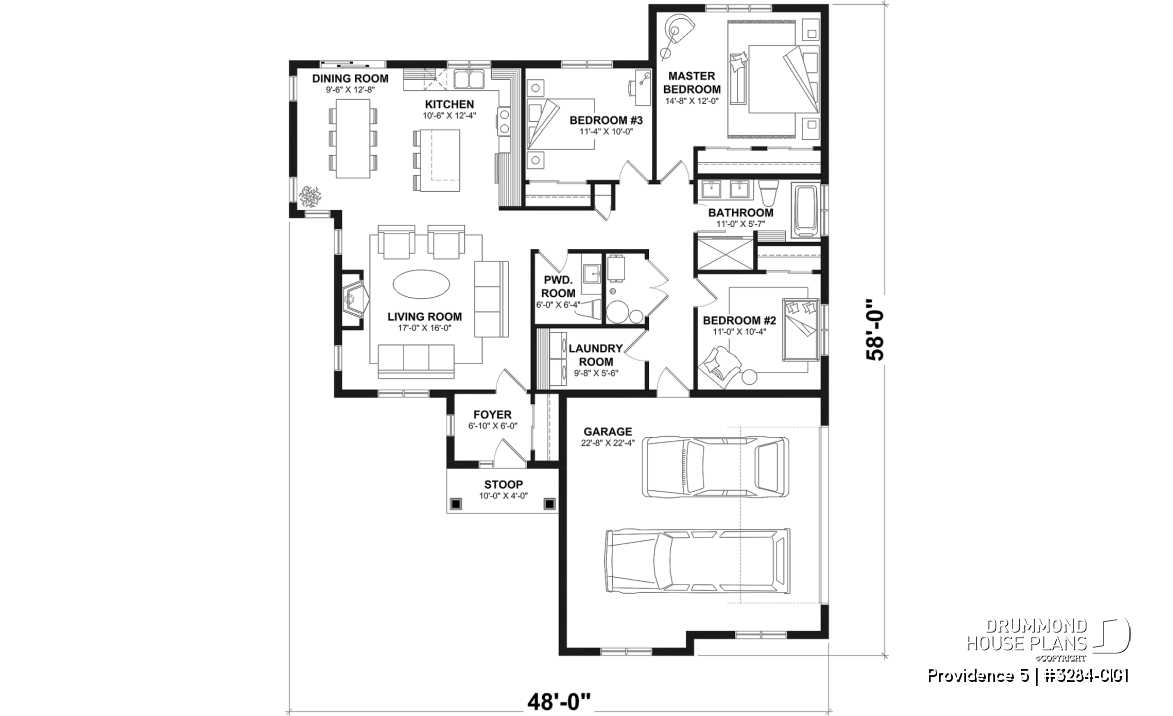 1st level - Charming Country Rustic economical narrow lot home plan with 3 bedrooms, 2-car garage, open floor plan - Providence 5