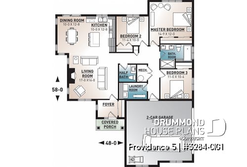 1st level - Charming Country Rustic economical narrow lot home plan with 3 bedrooms, 2-car garage, open floor plan - Providence 5
