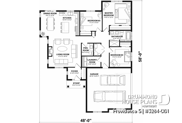 1st level - Charming Country Rustic economical narrow lot home plan with 3 bedrooms, 2-car garage, open floor plan - Providence 5