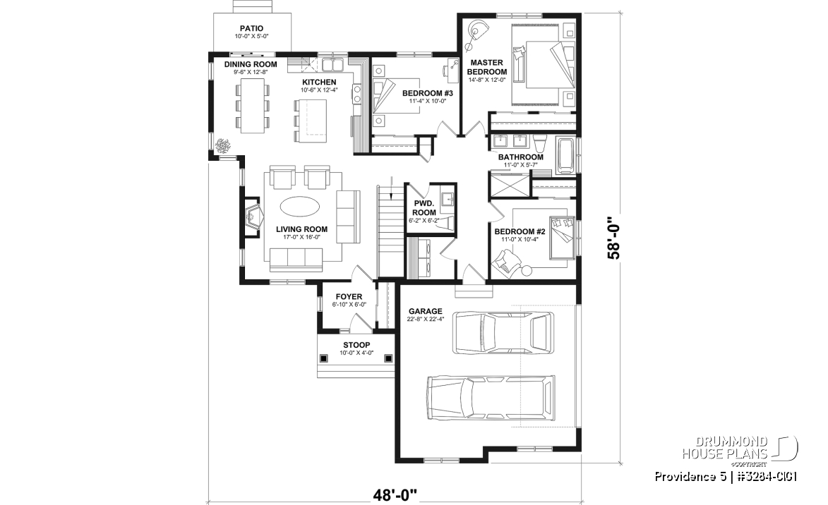 1st level (Optional $) - Charming Country Rustic economical narrow lot home plan with 3 bedrooms, 2-car garage, open floor plan - Providence 5