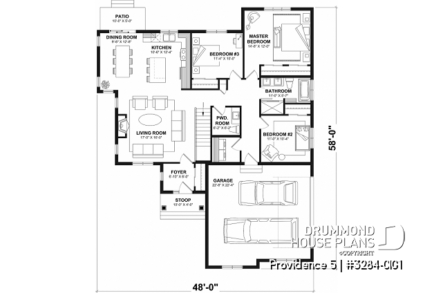 1st level (Optional $) - Charming Country Rustic economical narrow lot home plan with 3 bedrooms, 2-car garage, open floor plan - Providence 5