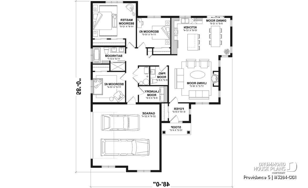 1st level - Charming Country Rustic economical narrow lot home plan with 3 bedrooms, 2-car garage, open floor plan - Providence 5
