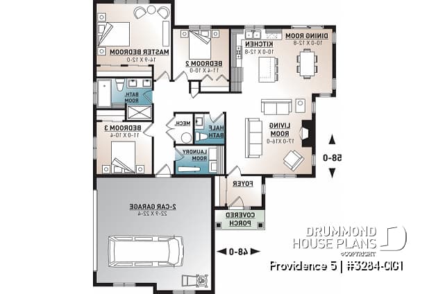 1st level - Charming Country Rustic economical narrow lot home plan with 3 bedrooms, 2-car garage, open floor plan - Providence 5