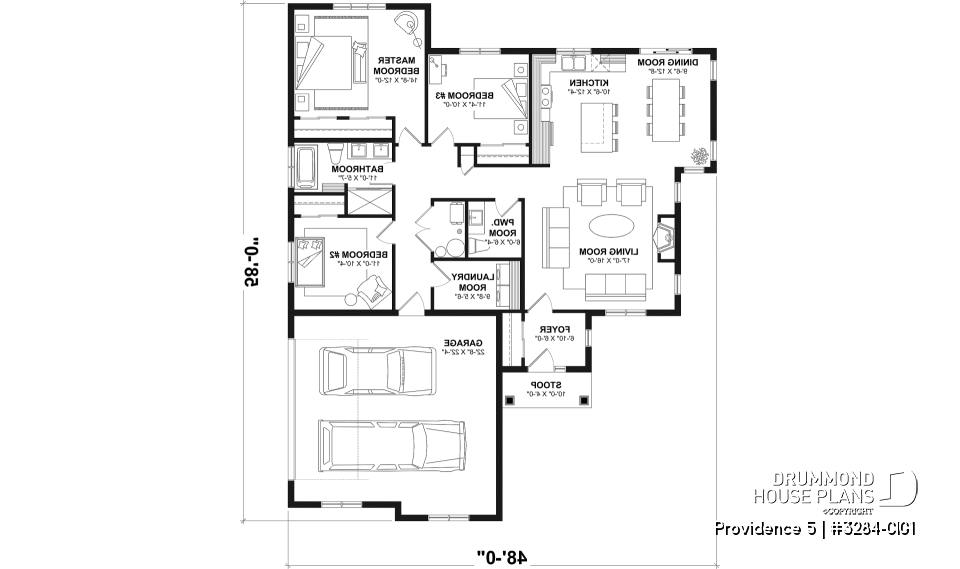 1st level - Charming Country Rustic economical narrow lot home plan with 3 bedrooms, 2-car garage, open floor plan - Providence 5