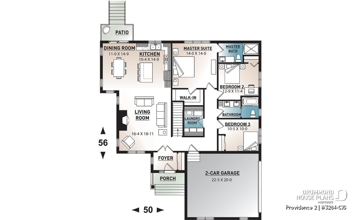 1st level - Three bedroom home plan with open floor plan, fireplace, master suite, laundry room, side entry 2-car garage - Providence 2