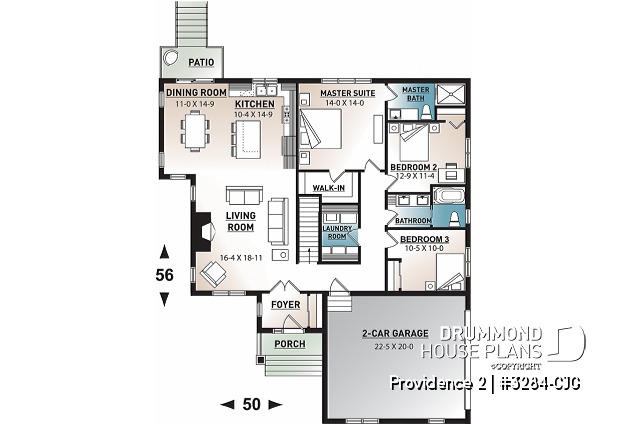 1st level - Three bedroom home plan with open floor plan, fireplace, master suite, laundry room, side entry 2-car garage - Providence 2