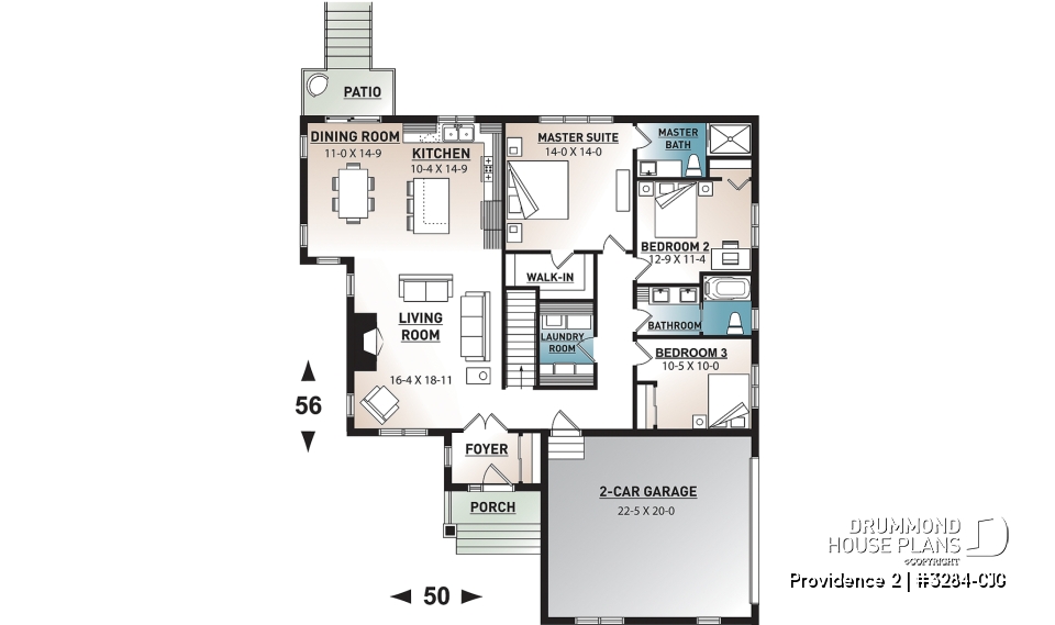 1st level - Three bedroom home plan with open floor plan, fireplace, master suite, laundry room, side entry 2-car garage - Providence 2