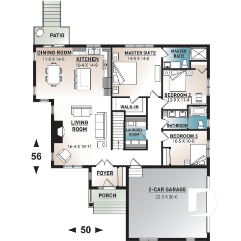 1st level - Three bedroom home plan with open floor plan, fireplace, master suite, laundry room, side entry 2-car garage - Providence 2