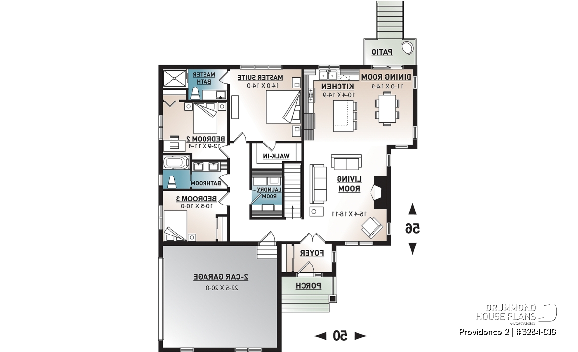 1st level - Three bedroom home plan with open floor plan, fireplace, master suite, laundry room, side entry 2-car garage - Providence 2