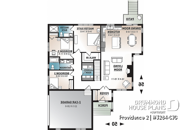 1st level - Three bedroom home plan with open floor plan, fireplace, master suite, laundry room, side entry 2-car garage - Providence 2