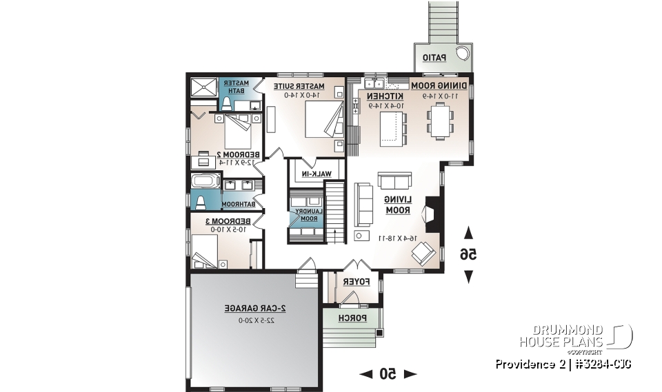 1st level - Three bedroom home plan with open floor plan, fireplace, master suite, laundry room, side entry 2-car garage - Providence 2