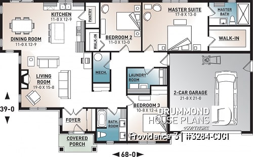 1st level - 3 bedroom home plan, 9' ceiling, large master suite, open layout, pantry, fireplace, laundry room - Providence 3