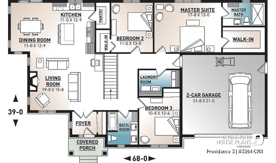 1st level - Basement foundation (Optional $) - Rustic Craftsman Style Bungalow House Plan with Double Garage, 3 Bedrooms, and Warm Country Charm - Providence 3