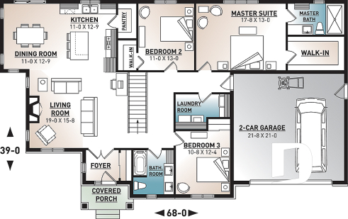 1st level - Basement foundation (Optional $) - Rustic Craftsman Style Bungalow House Plan with Double Garage, 3 Bedrooms, and Warm Country Charm - Providence 3