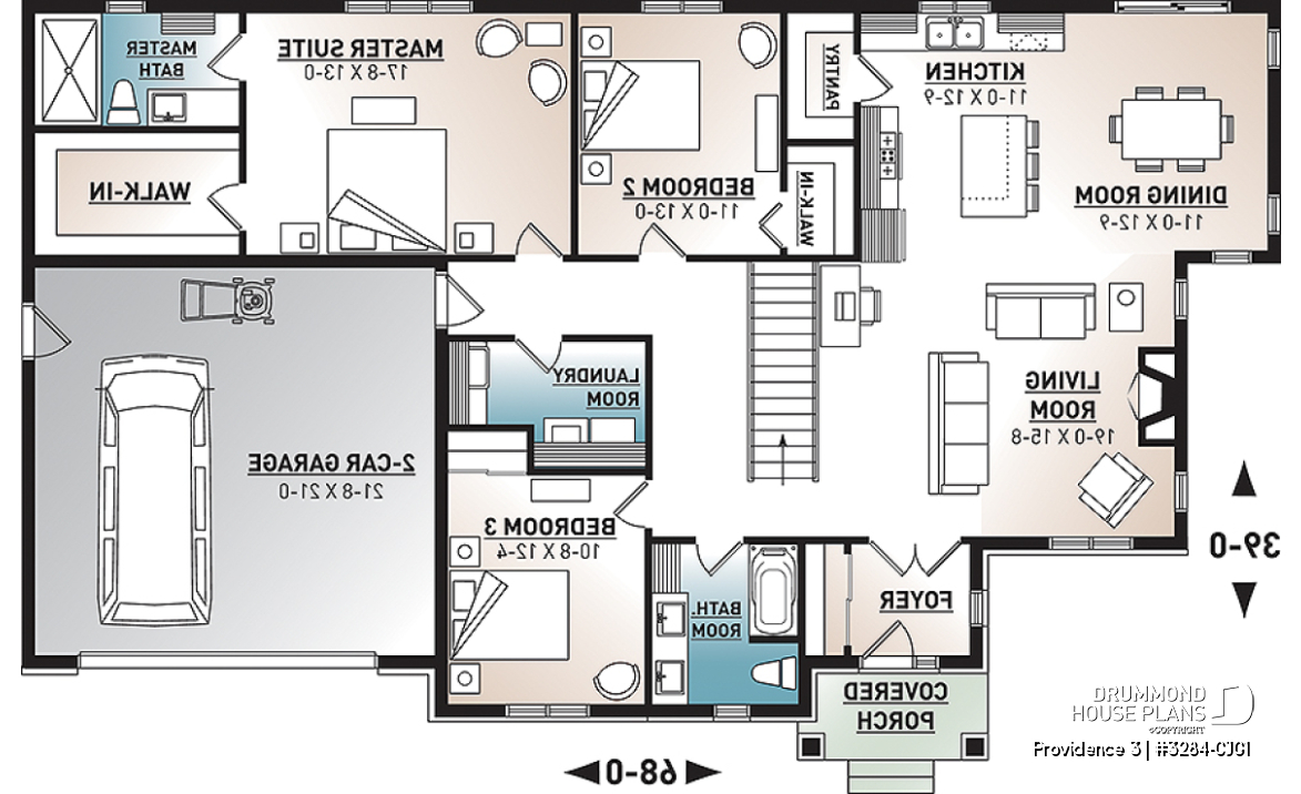 1st level - Basement foundation (Optional $) - Rustic Craftsman Style Bungalow House Plan with Double Garage, 3 Bedrooms, and Warm Country Charm - Providence 3