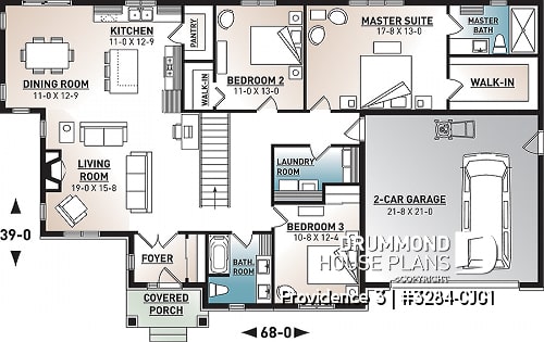 1st level option 1 - 3 bedroom home plan, 9' ceiling, large master suite, open layout, pantry, fireplace, laundry room - Providence 3