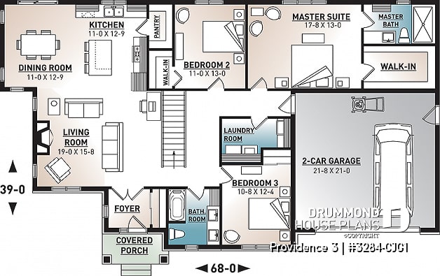 1st level option 1 - 3 bedroom home plan, 9' ceiling, large master suite, open layout, pantry, fireplace, laundry room - Providence 3