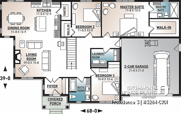 1st level (Optional $) - 3 bedroom home plan, 9' ceiling, large master suite, open layout, pantry, fireplace, laundry room - Providence 3