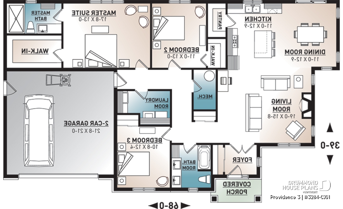 1st level - Rustic Craftsman Style Bungalow House Plan with Double Garage, 3 Bedrooms, and Warm Country Charm - Providence 3